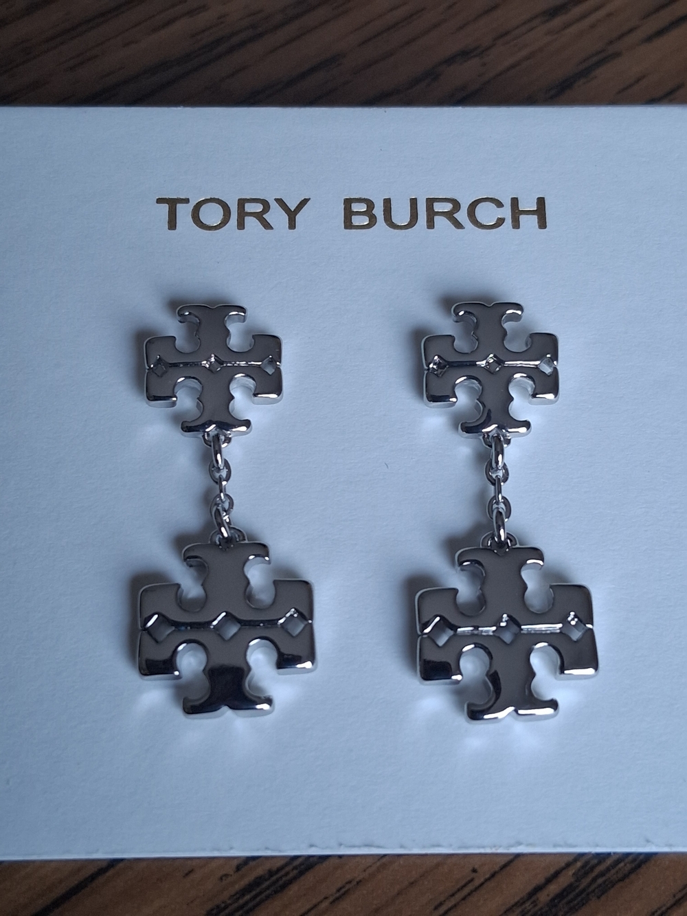 🌷Tory Burch Silver Double-Logo Drop Earrings New🌷